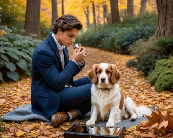 Young Man in Suit with Dog in Autumn Forest Setting