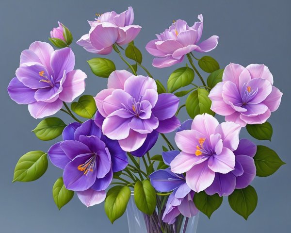 Purple Flower Bouquet in Glass Vase on Gray Background