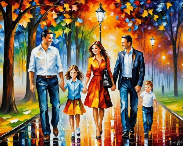 Family Strolling in Colorful Autumn Park Scene