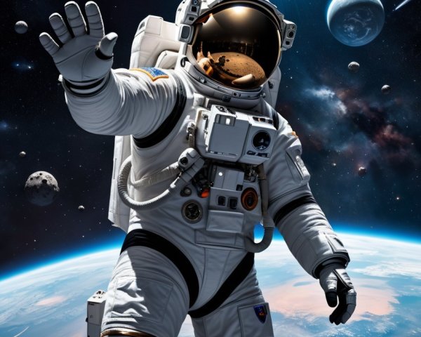 Astronaut in Space Surrounded by Stars and Asteroids