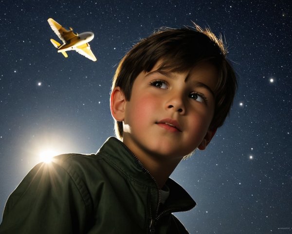 Close-up of a boy in a bomber jacket under stars