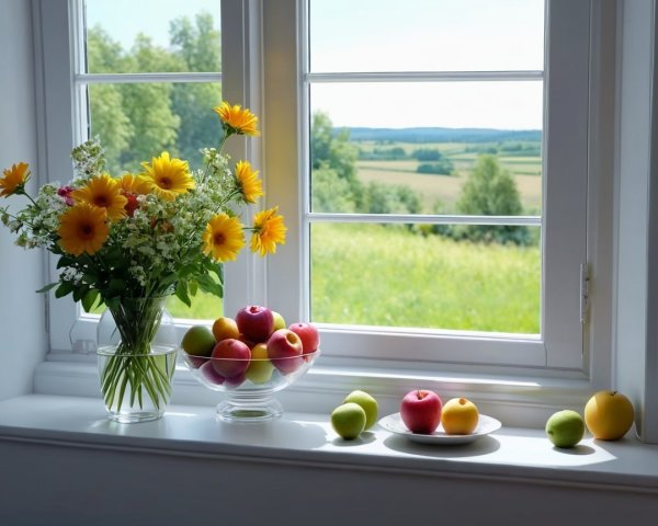 Window View of Green Landscape with Daisies and Apples
