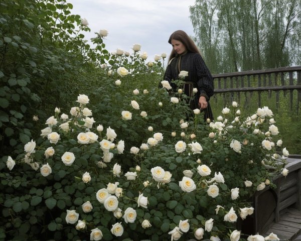 Young woman in a garden of white roses and greenery