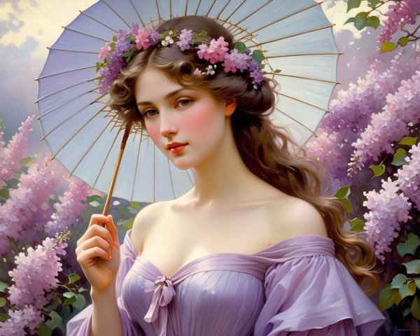 Young woman in lavender dress with floral crown and parasol