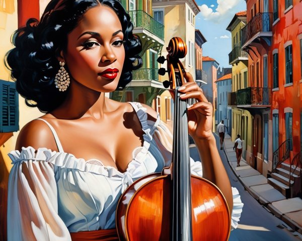 Confident Woman with Violin in Vibrant Street Scene