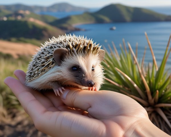 Hedgehog in Hand with Scenic Hills and Blue Sea