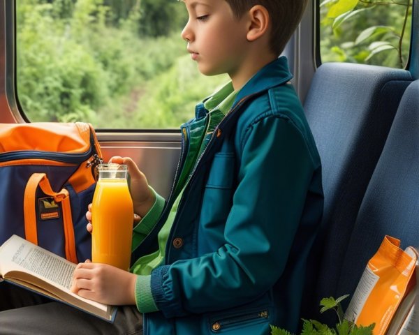 Young Boy Reading on Train with Greenery Outside