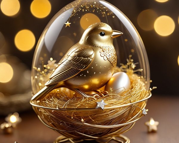 Golden Bird Statue in Glass Ornament with Bokeh Lights
