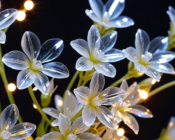 Translucent flowers with shimmering petals on dark background