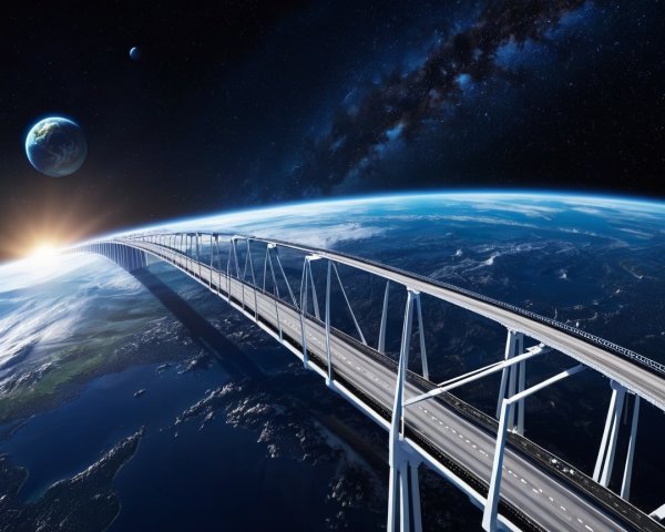 Futuristic bridge above Earth with cosmic background