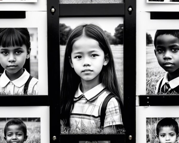 Black-and-white portrait of children with unique features