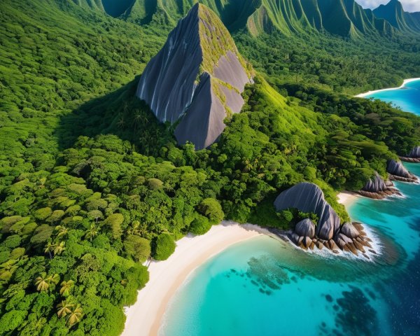 Aerial View of a Tropical Island with Beaches and Peaks