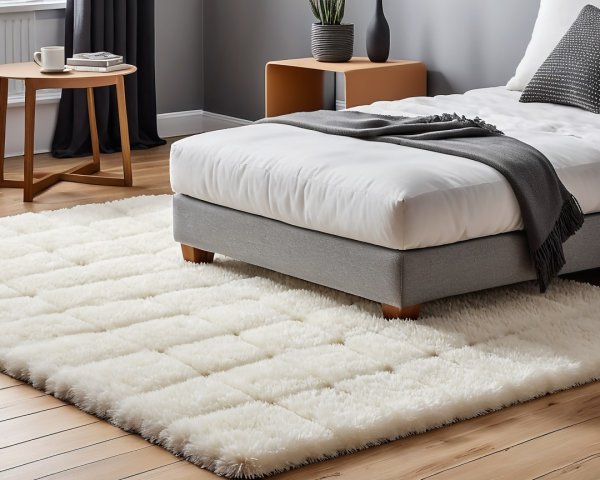 Cozy bedroom with light bed and plush rug details