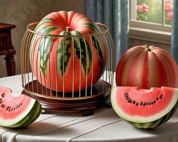 Watermelon Display in Gold Wire Cage with Slices