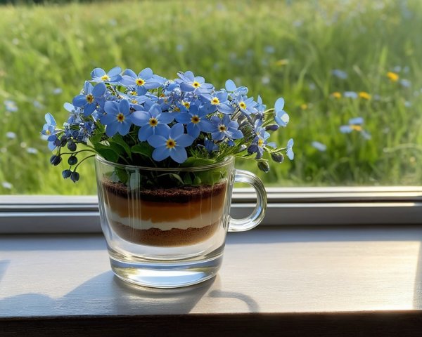 Glass Cup with Layered Dessert and Blue Flowers