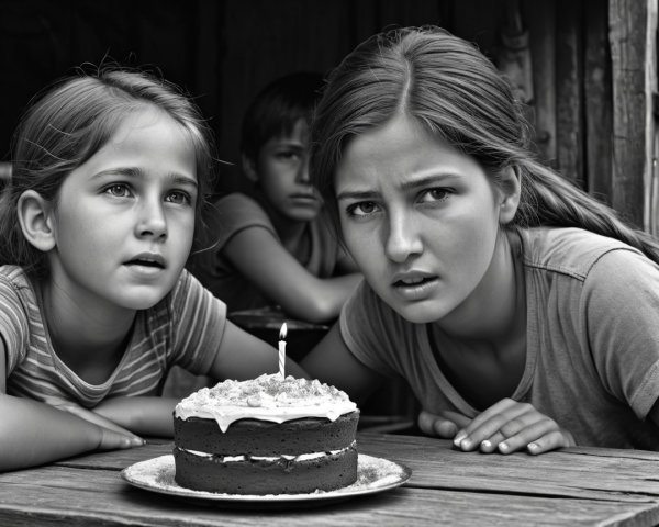 Close-up of Children Gazing at Chocolate Cake with Candle