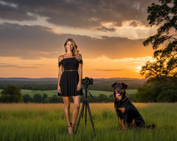 Woman in Black Dress with Rottweiler at Sunset