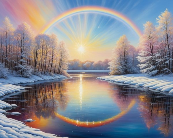 Serene Winter Landscape with Rainbow and Sunrise