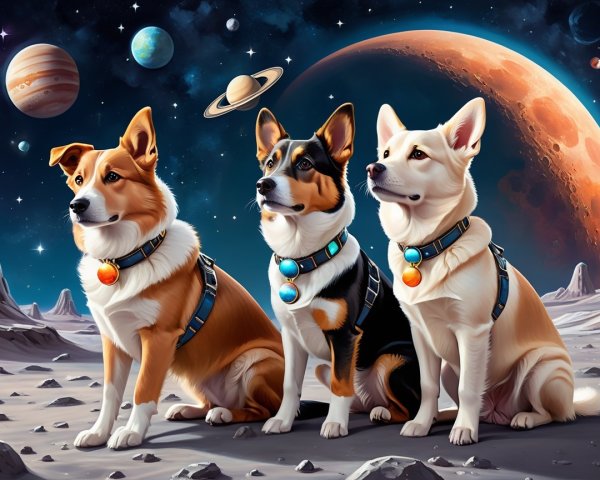 Corgis in Colorful Harnesses on an Alien Landscape