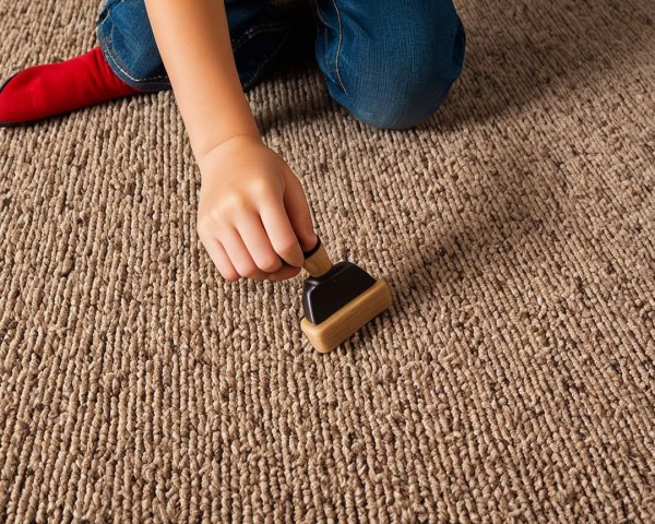 Child's Hand with Wooden Stamp on Textured Carpet