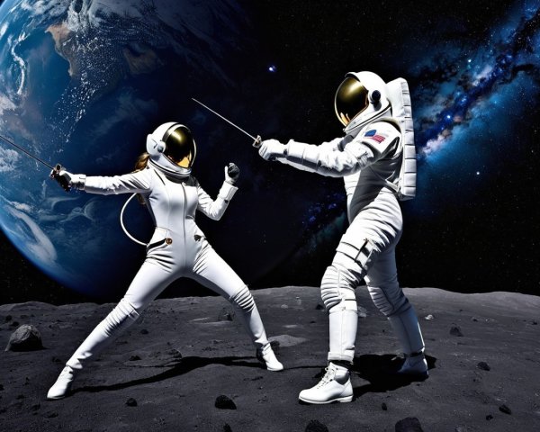 Astronauts Fencing on the Moon's Surface in Spacesuits