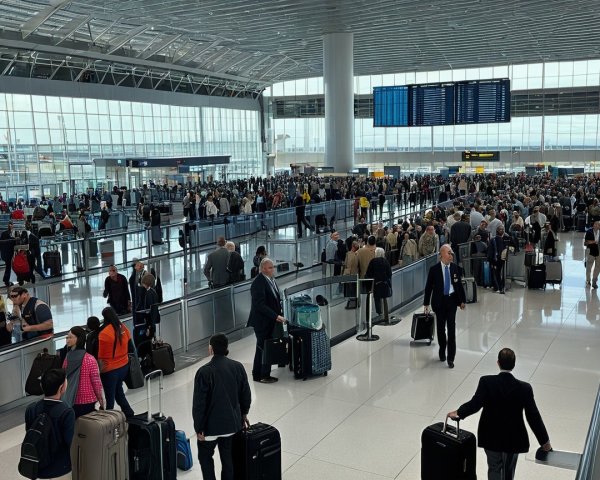 Busy airport terminal with travelers and check-in lines
