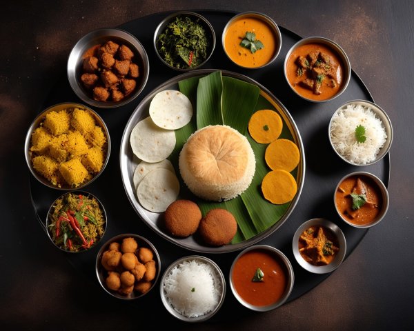 Elaborate Indian meal with rice and colorful curries