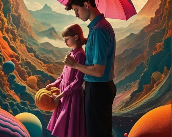 Vibrant Painting of Couple Under Pink Umbrella