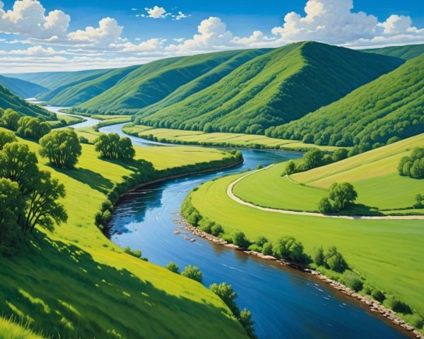 Vibrant Anime-Style Landscape with River and Hills
