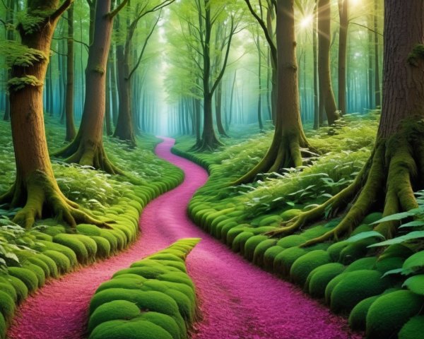 Serene forest scene with vibrant trees and path