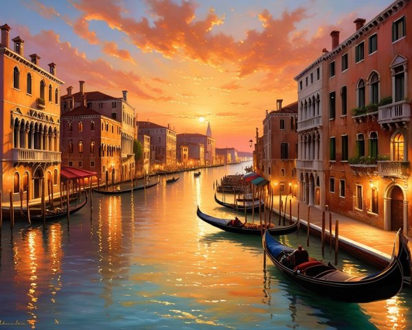 Venetian Canal at Sunset with Gondolas and Architecture