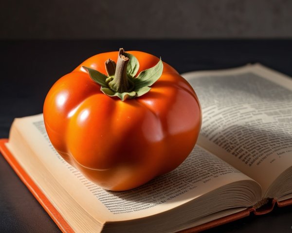 Vibrant Tomato on Open Book with Warm Lighting