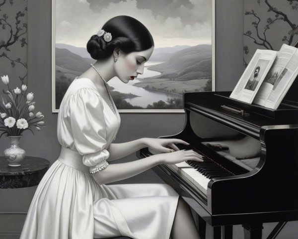 Monochrome Portrait of a Woman at a Grand Piano