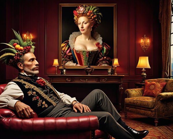 Older Man with Fruit Headpiece on Red Couch