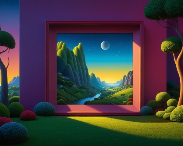Colorful Dreamlike Landscape with Fuchsia Frame