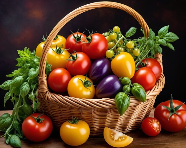 Woven Basket Filled with Colorful Assorted Tomatoes