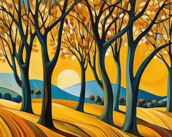 Abstract Autumn Landscape with Trees and Sun