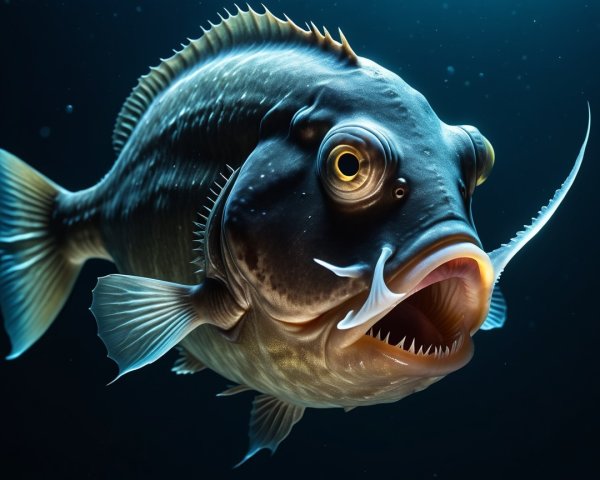 Close-up of a vibrant fish in dim underwater light