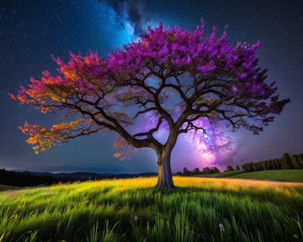 Solitary Tree in Vibrant Field Under Starry Sky