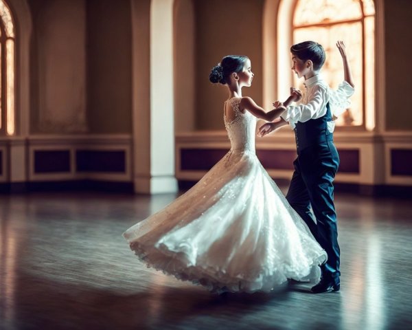 Young dancers in elegant attire on polished wooden floor