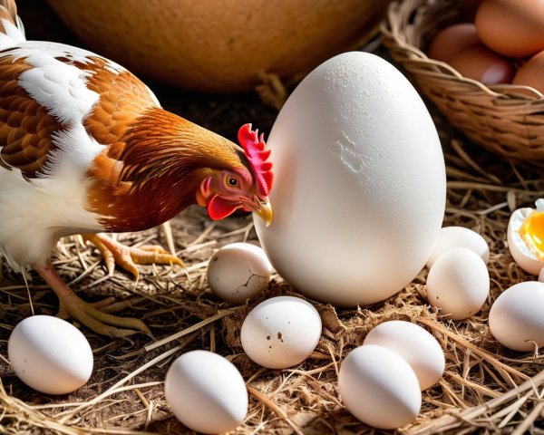 Brown and white hen with large white egg in straw