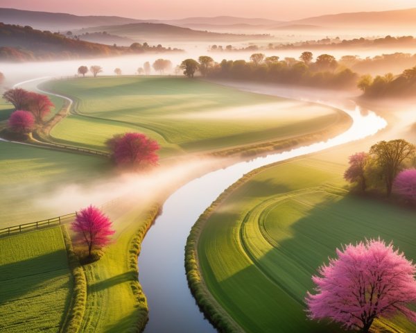 Serene Dawn Landscape with Winding River and Blooming Trees