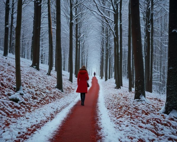 Lone Figure in Red Coat on Snowy Forest Path
