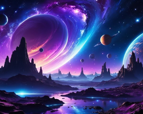 Cosmic Landscape with Vibrant Galaxies and Planets