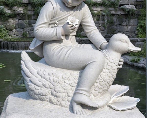 Serene Child Sculpture on Duck with Flower Detail