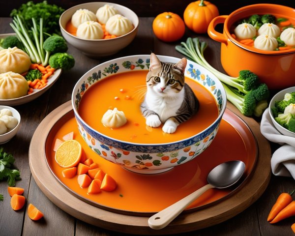 Cat in Bowl of Orange Soup Surrounded by Vegetables