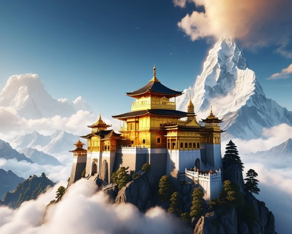 Golden Palace on Rocky Peak Surrounded by Mountains