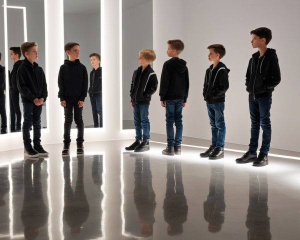 Boys in Black Hoodies in Modern Room with Reflective Floor