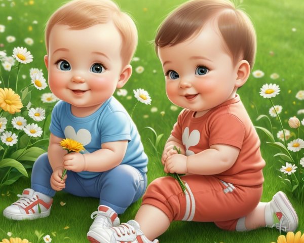 Chibi Babies in a Green Field with Daisies