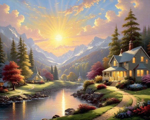 Idyllic Landscape with Mountains and Serene River